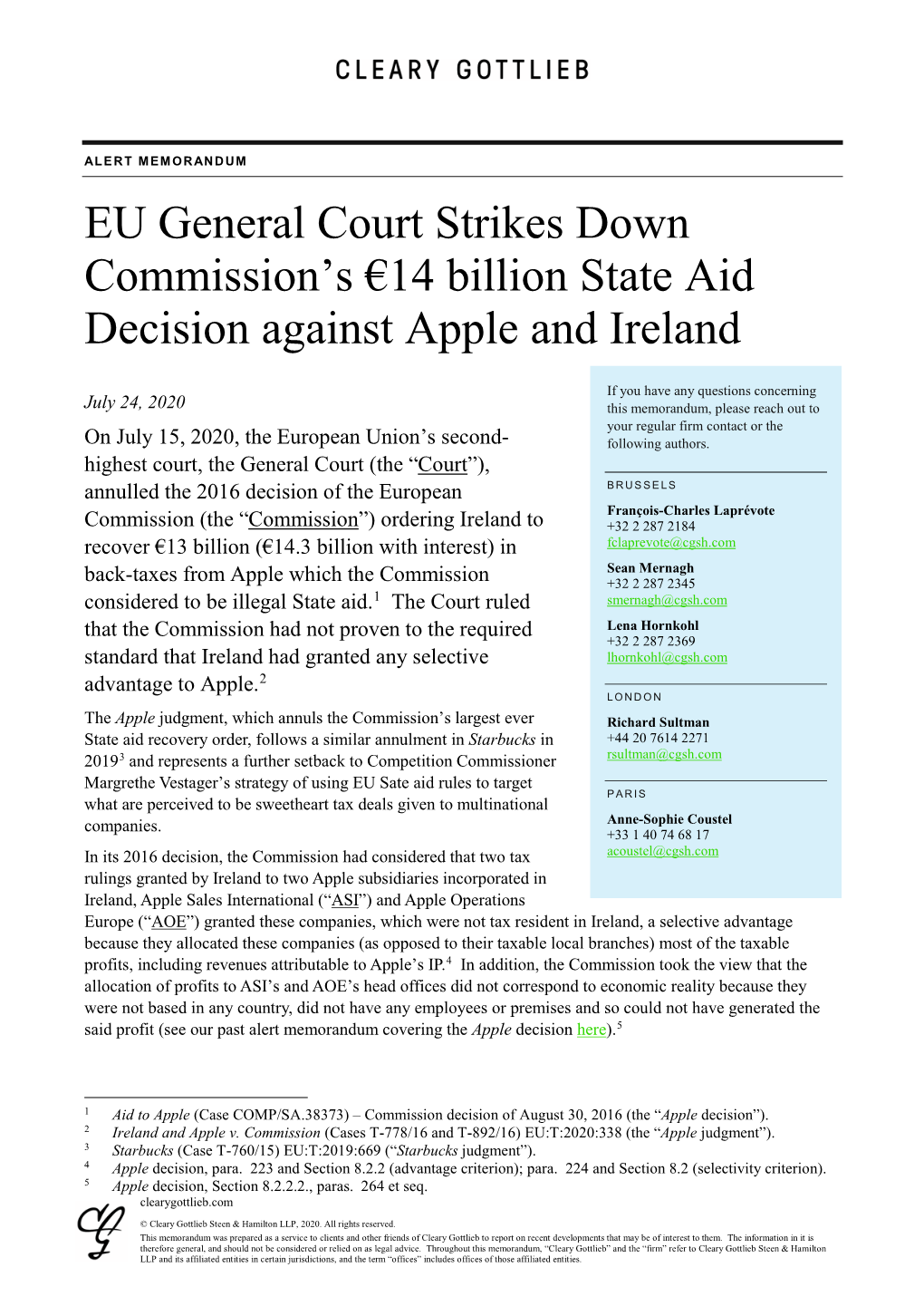 EU General Court Strikes Down Commission's €14 Billion State Aid Decision Against Apple and Ireland
