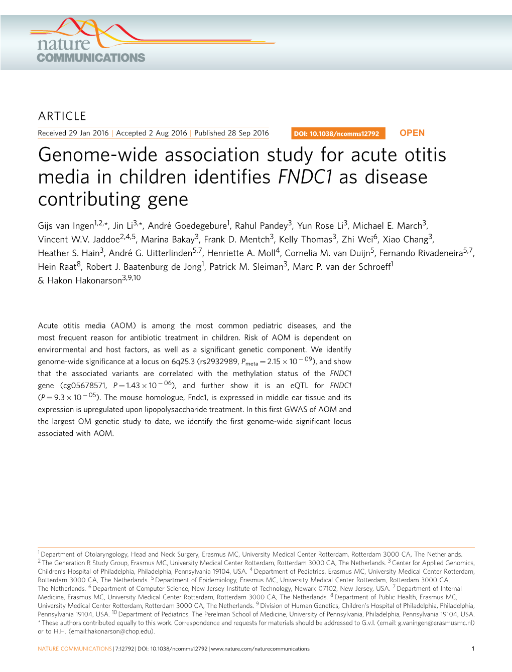 Genome-Wide Association Study for Acute Otitis Media in Children Identifies FNDC1 As Disease Contributing Gene