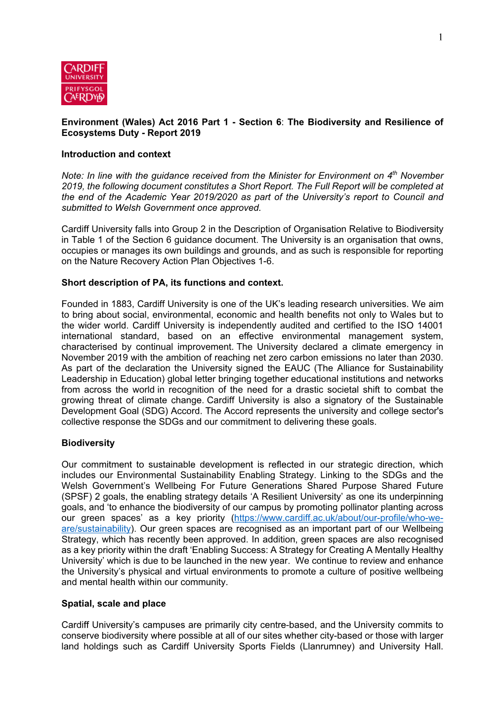 Environment (Wales) Act 2016 Part 1 - Section 6: the Biodiversity and Resilience of Ecosystems Duty - Report 2019