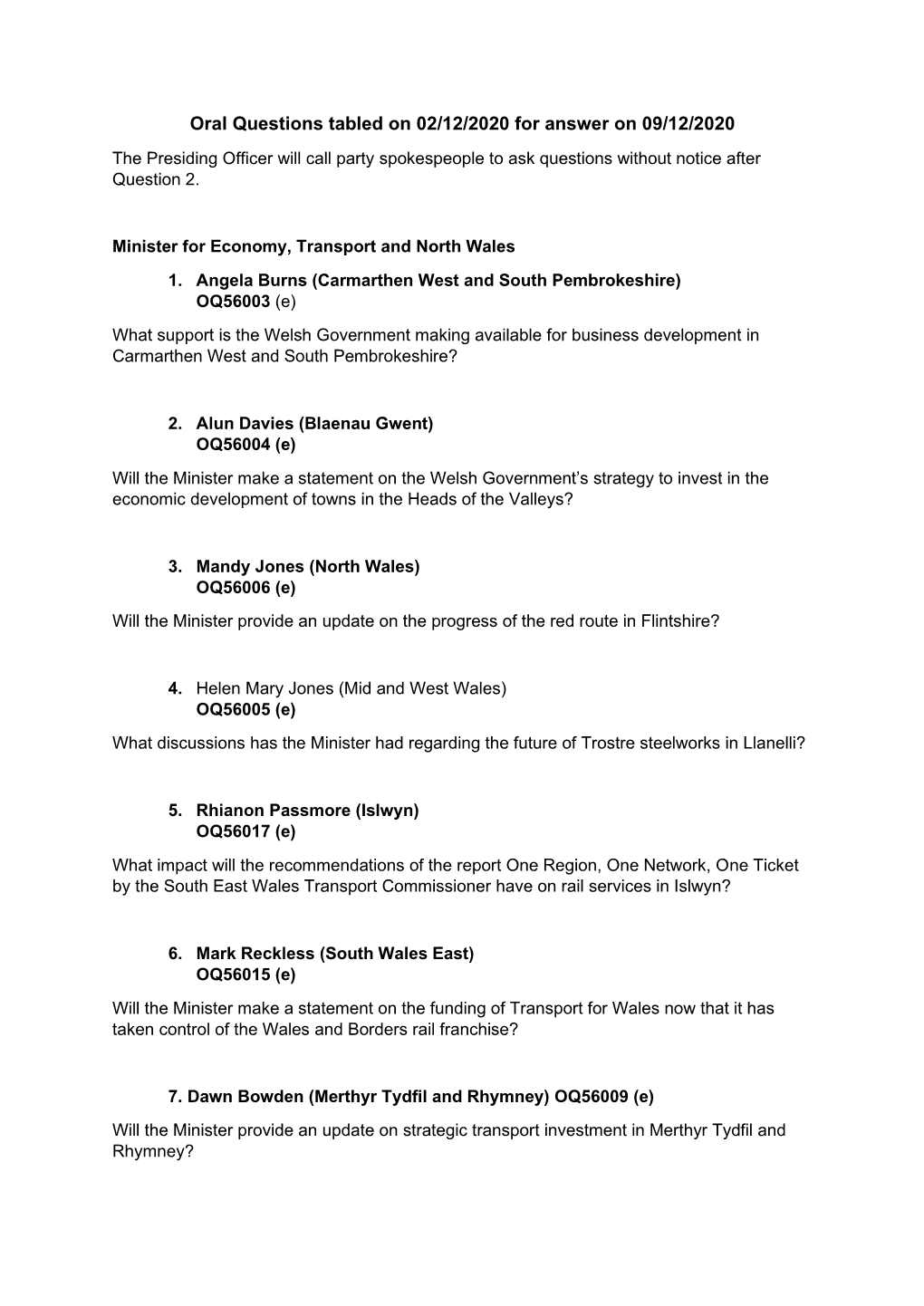 Oral Questions Tabled on 02/12/2020 for Answer on 09/12/2020 the Presiding Officer Will Call Party Spokespeople to Ask Questions Without Notice After Question 2