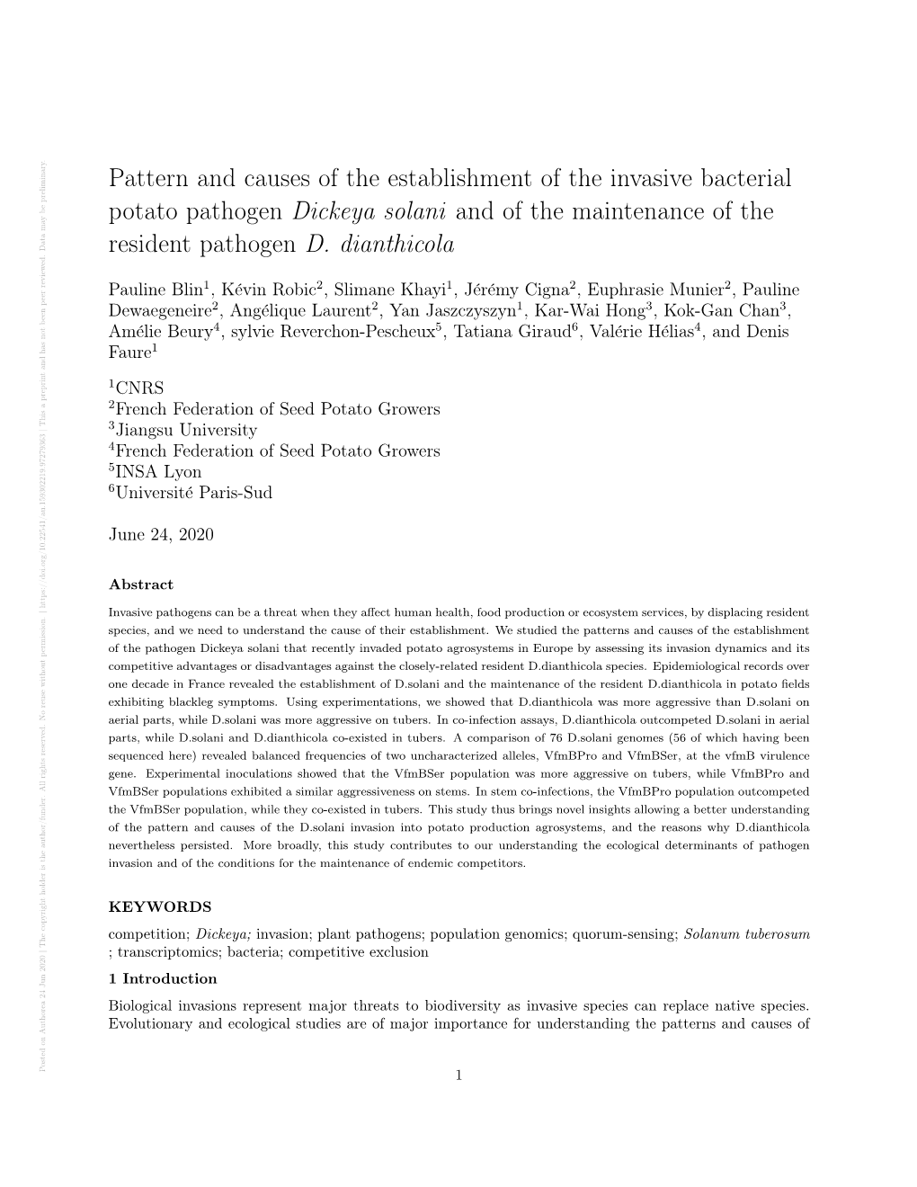 Pattern and Causes of the Establishment of the Invasive Bacterial Potato Pathogen Dickeya Solani and of the Maintenance of the R