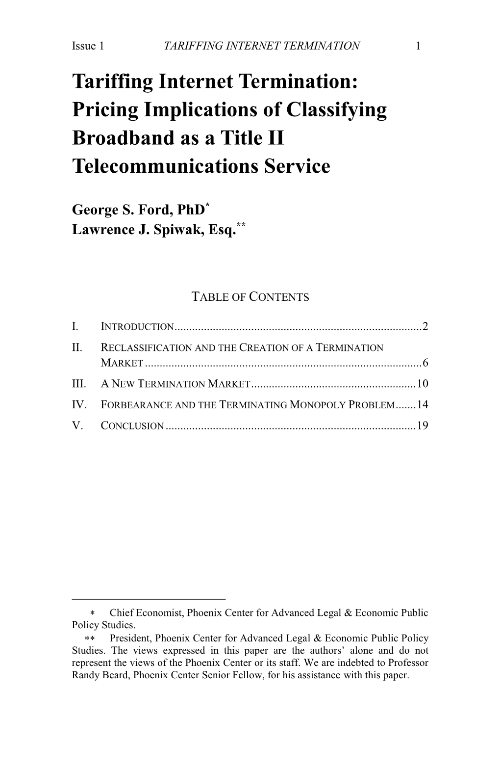 Tariffing Internet Termination: Pricing Implications of Classifying Broadband As a Title II Telecommunications Service