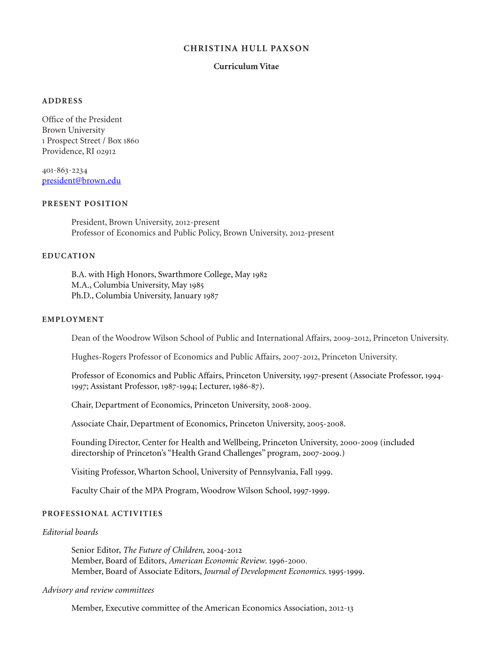 CHRISTINA HULL PAXSON Curriculum Vitae