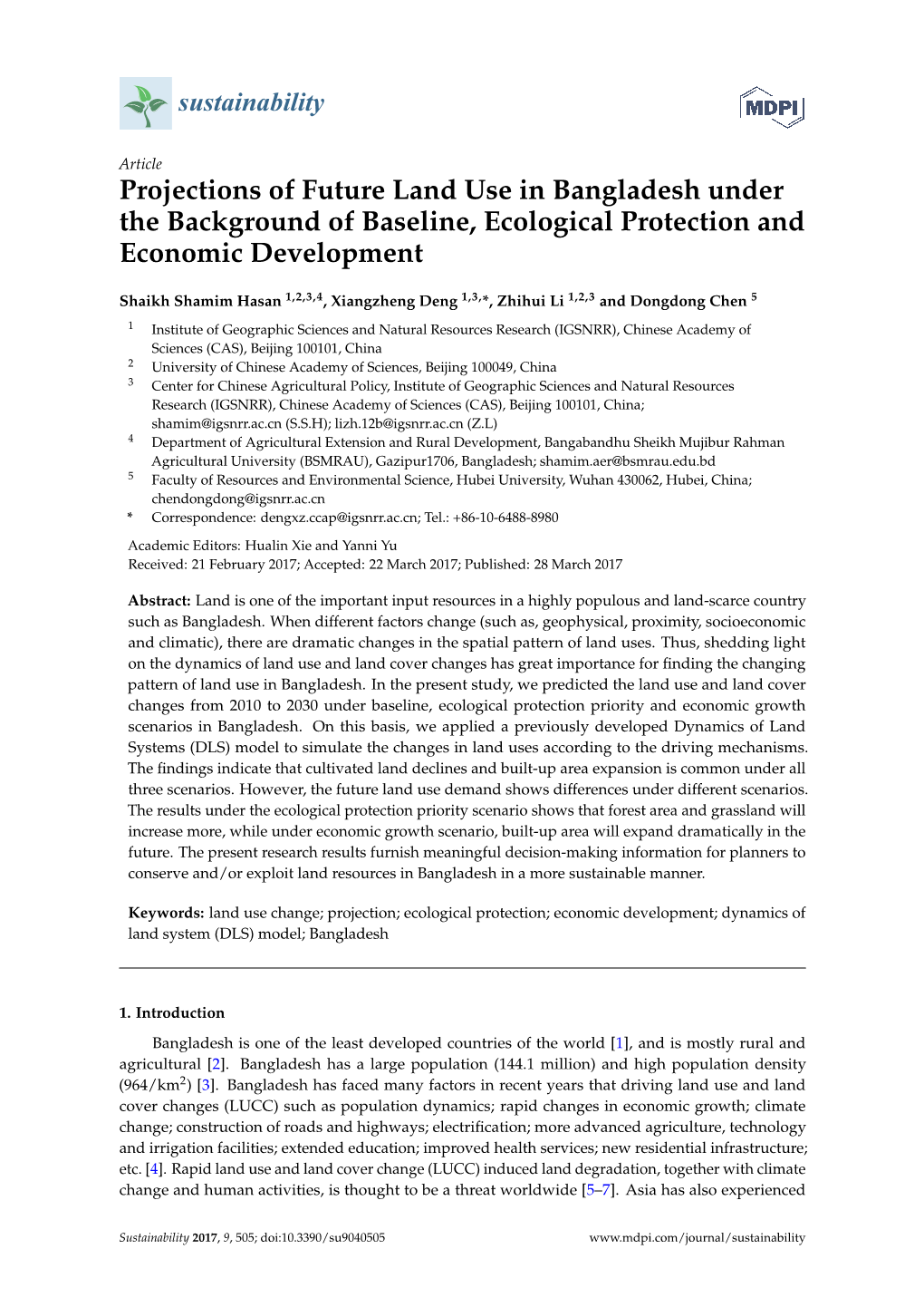 Projections of Future Land Use in Bangladesh Under the Background of Baseline, Ecological Protection and Economic Development
