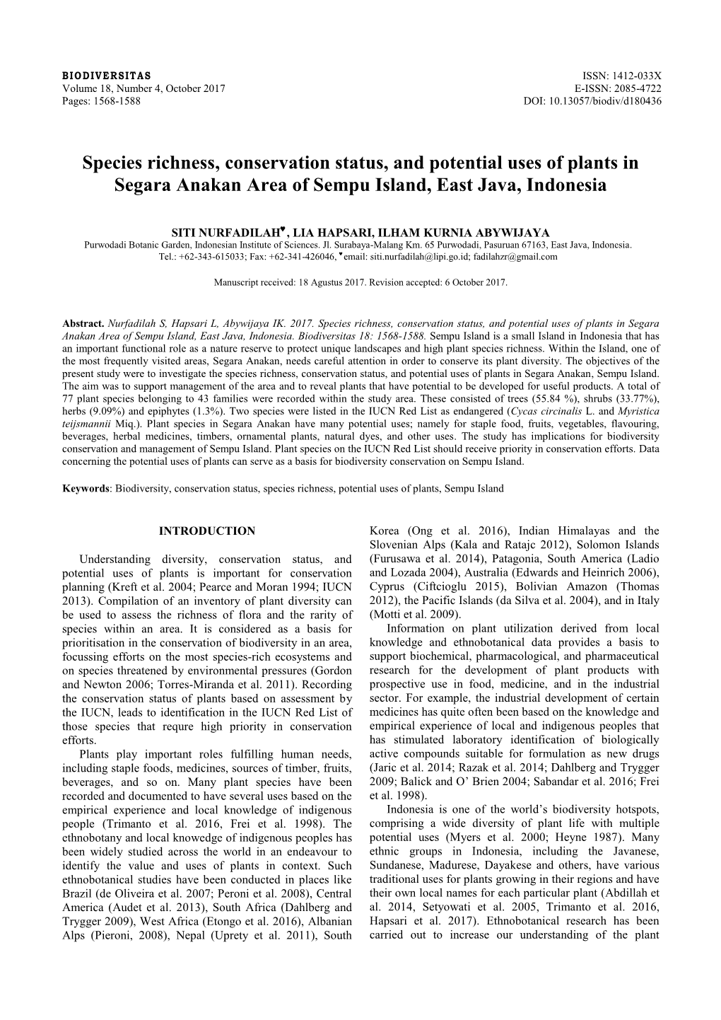 Species Richness, Conservation Status, and Potential Uses of Plants in Segara Anakan Area of Sempu Island, East Java, Indonesia