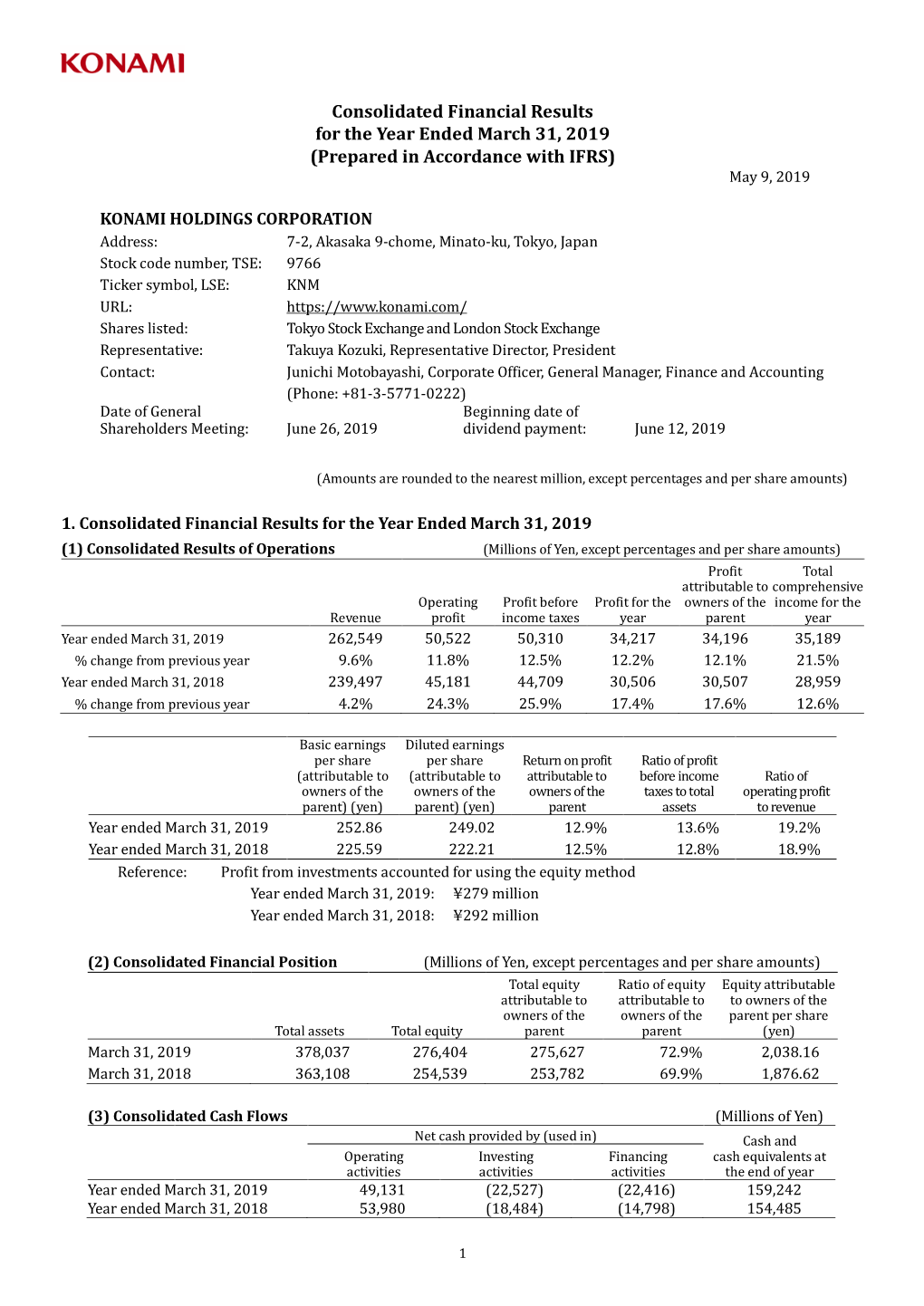 Consolidated Financial Results for the Year Ended March 31, 2019 (Prepared in Accordance with IFRS) May 9, 2019