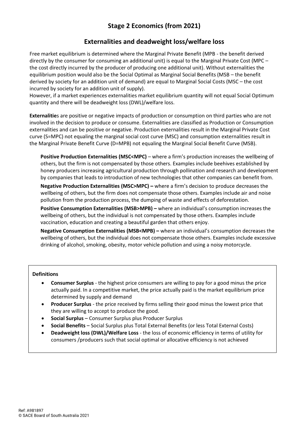 Stage 2 Economics (From 2021) Externalities and Deadweight Loss