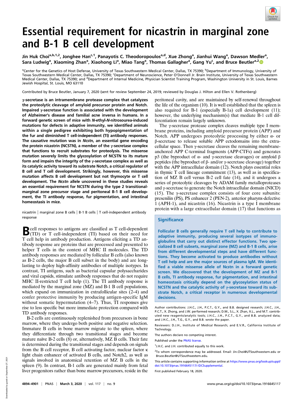 Essential Requirement for Nicastrin in Marginal Zone and B-1 B Cell Development