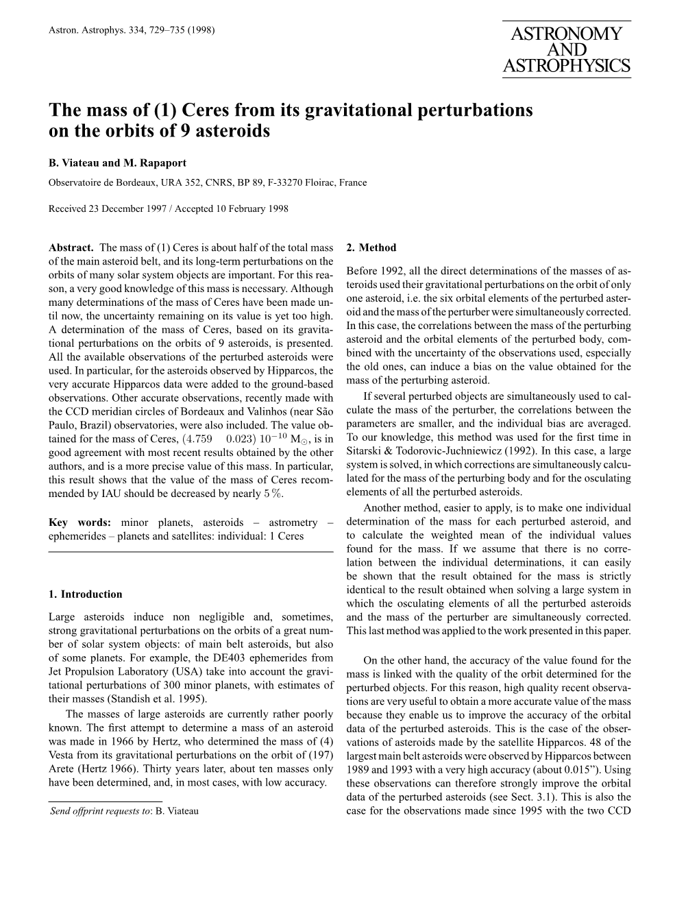 Ceres from Its Gravitational Perturbations on the Orbits of 9 Asteroids