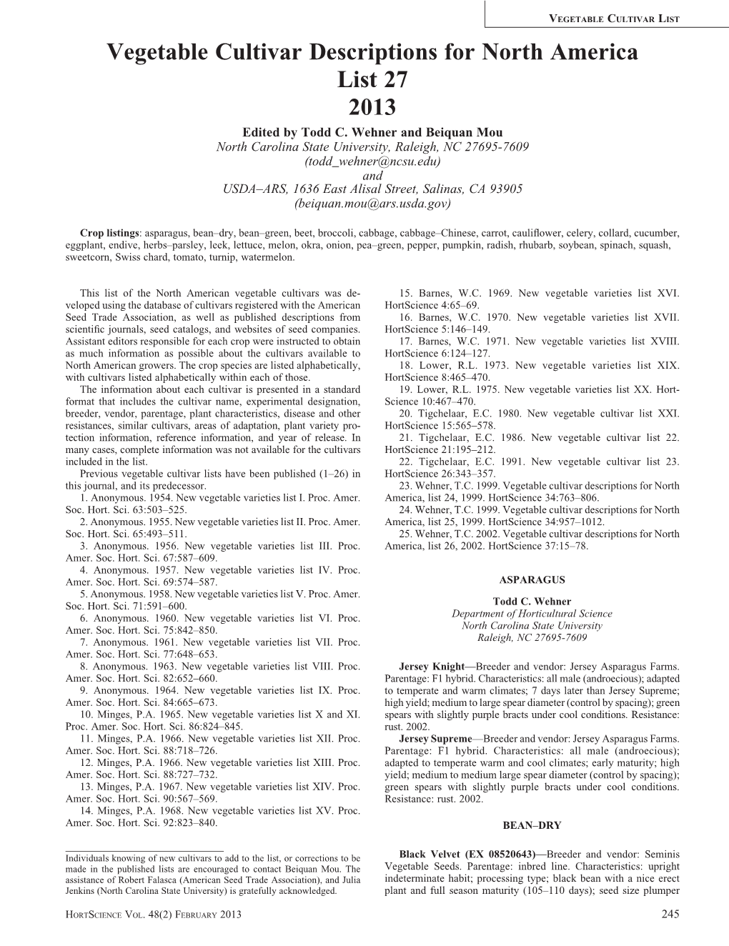 Vegetable Cultivar Descriptions for North America, List 27, 2013