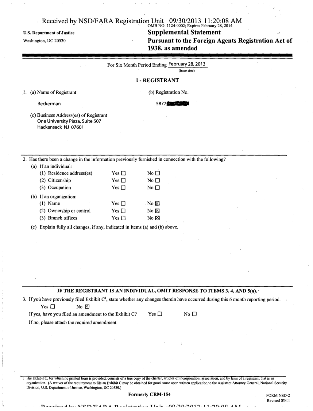 Supplemental Statement Washington, DC 20530 Pursuant to the Foreign Agents Registration Act of 1938, As Amended