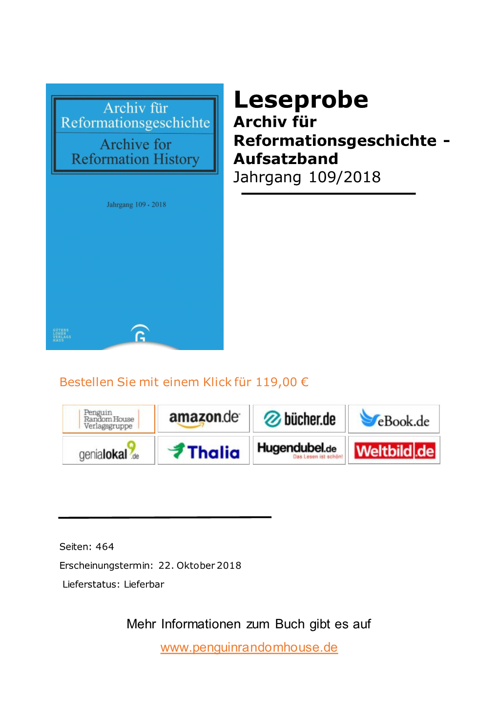 Archiv Für Reformationsgeschichte - Aufsatzband Jahrgang 109/2018