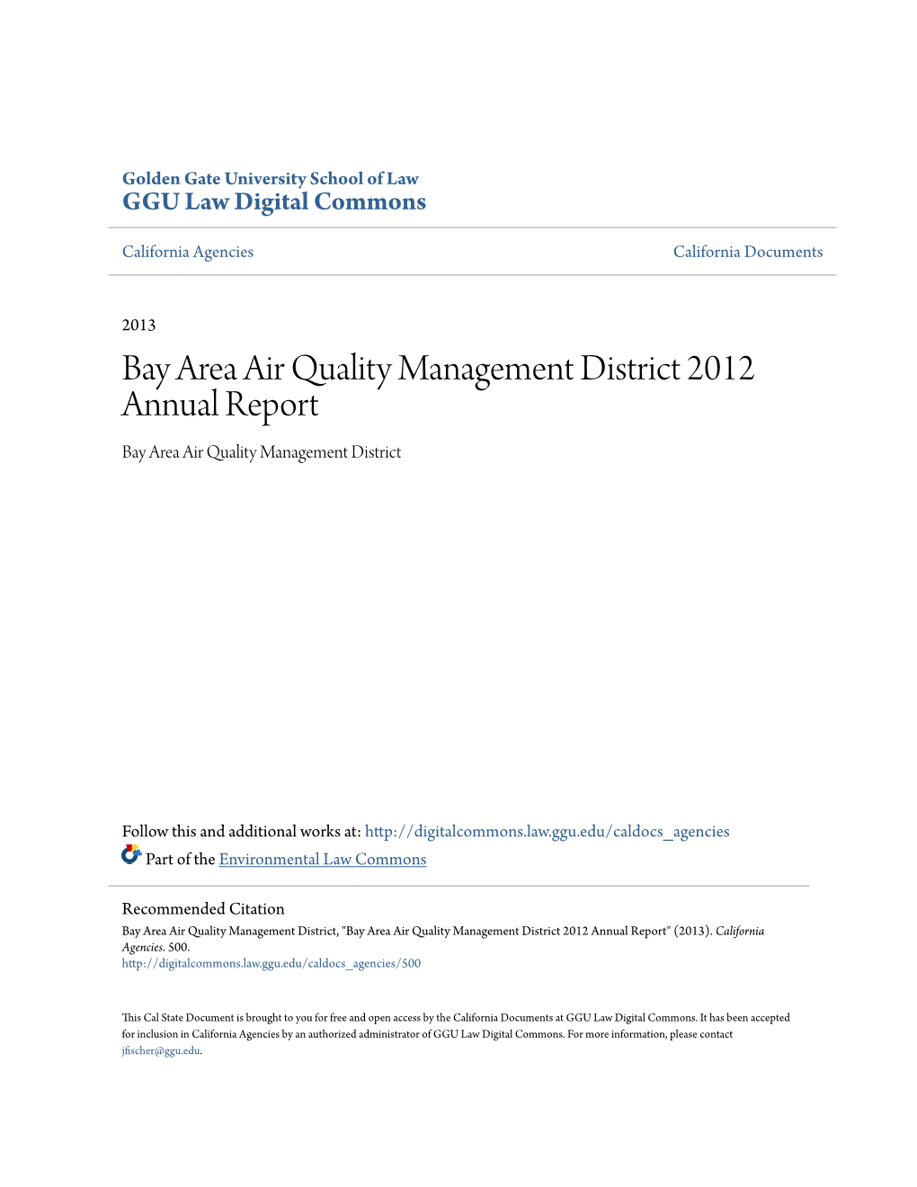 Bay Area Air Quality Management District 2012 Annual Report Bay Area Air Quality Management District