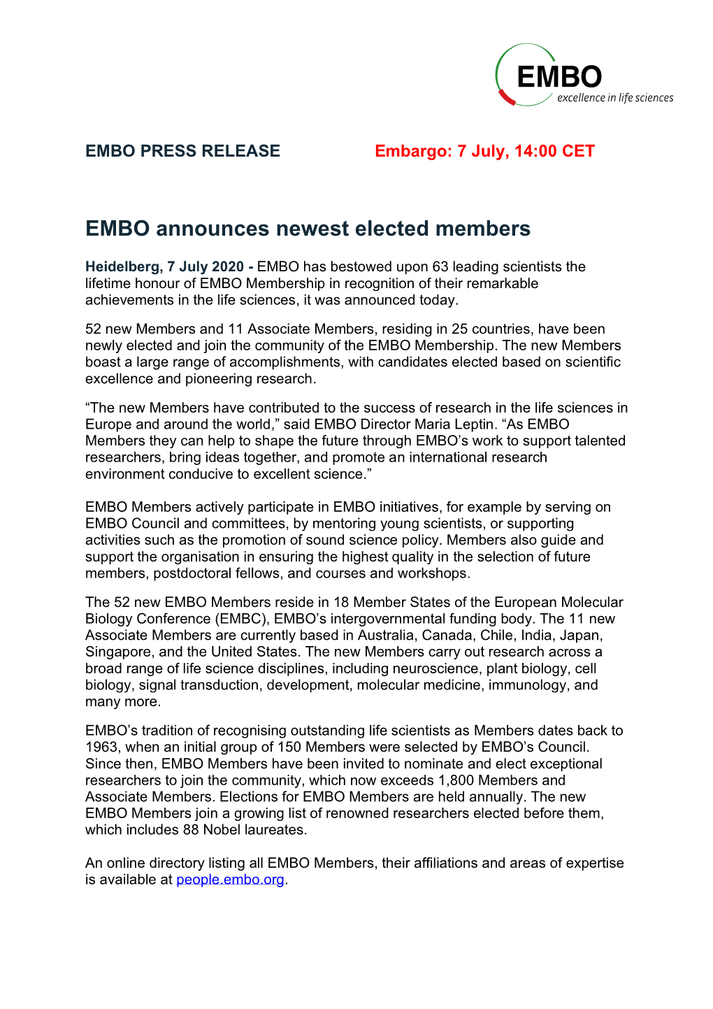 EMBO's Press Release