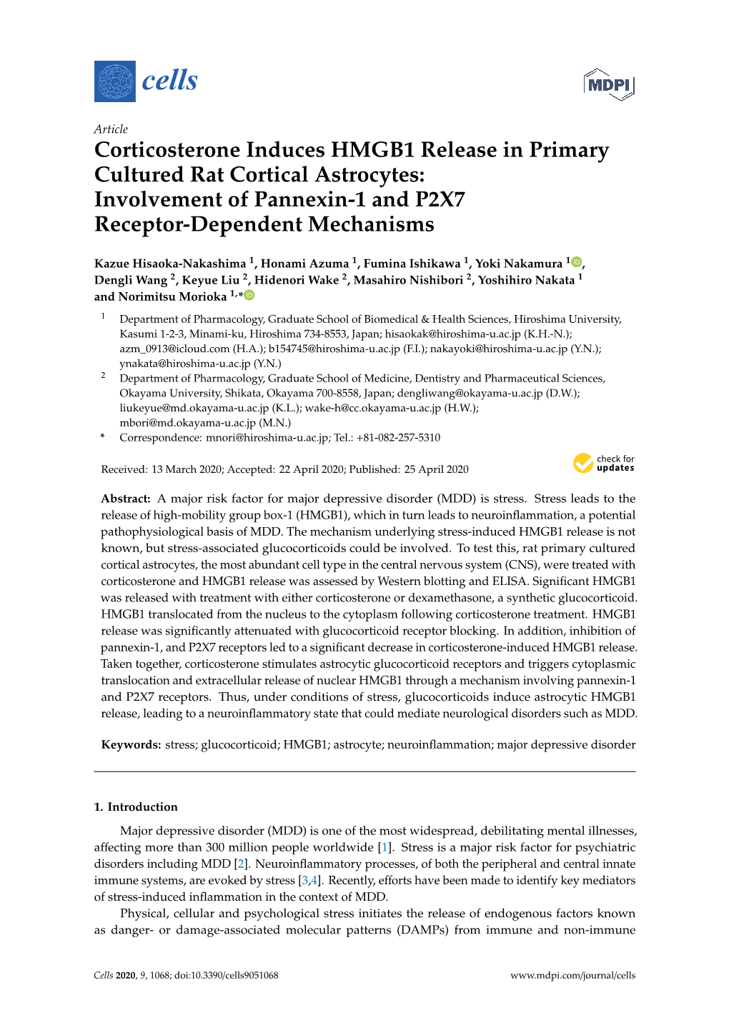 Corticosterone Induces HMGB1 Release in Primary Cultured Rat Cortical Astrocytes: Involvement of Pannexin-1 and P2X7 Receptor-Dependent Mechanisms