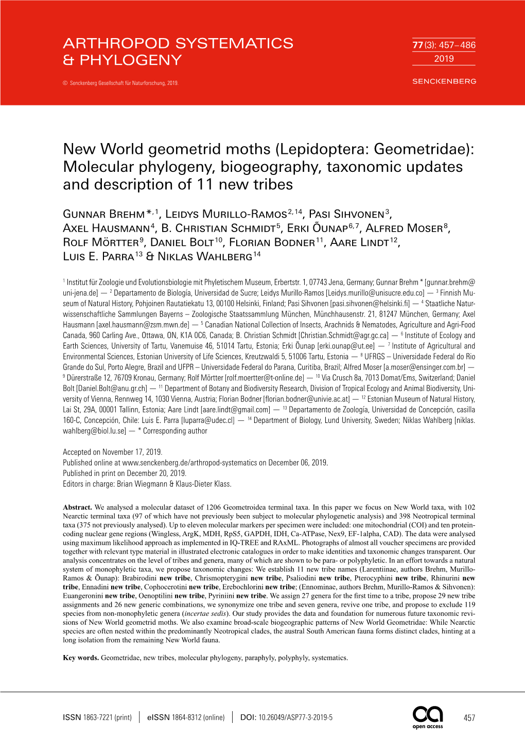 New World Geometrid Moths (Lepidoptera: Geometridae): Molecular Phylogeny, Biogeography, Taxonomic Updates and Description of 11 New Tribes