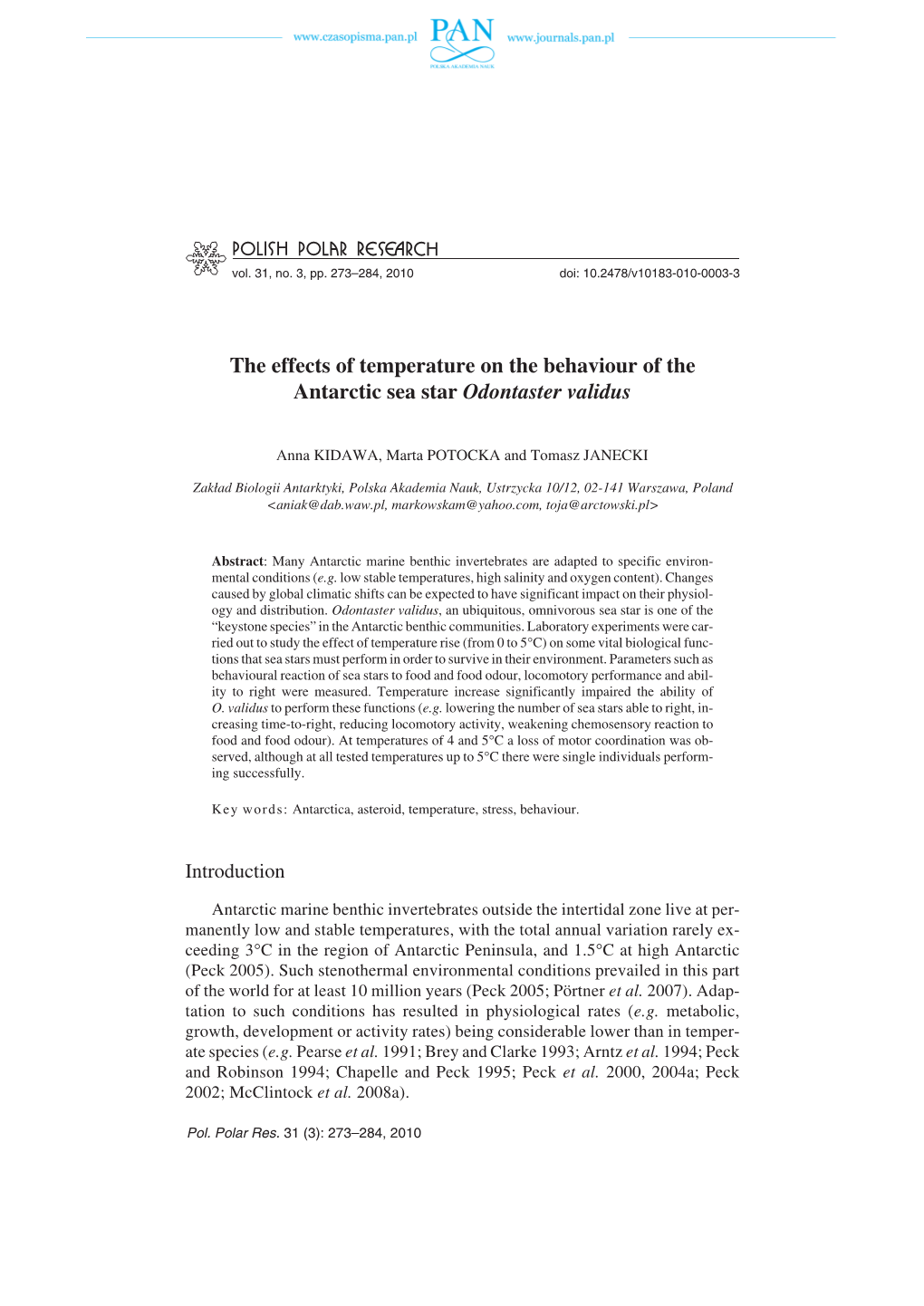 The Effects of Temperature on the Behaviour of the Antarctic Sea Star Odontaster Validus