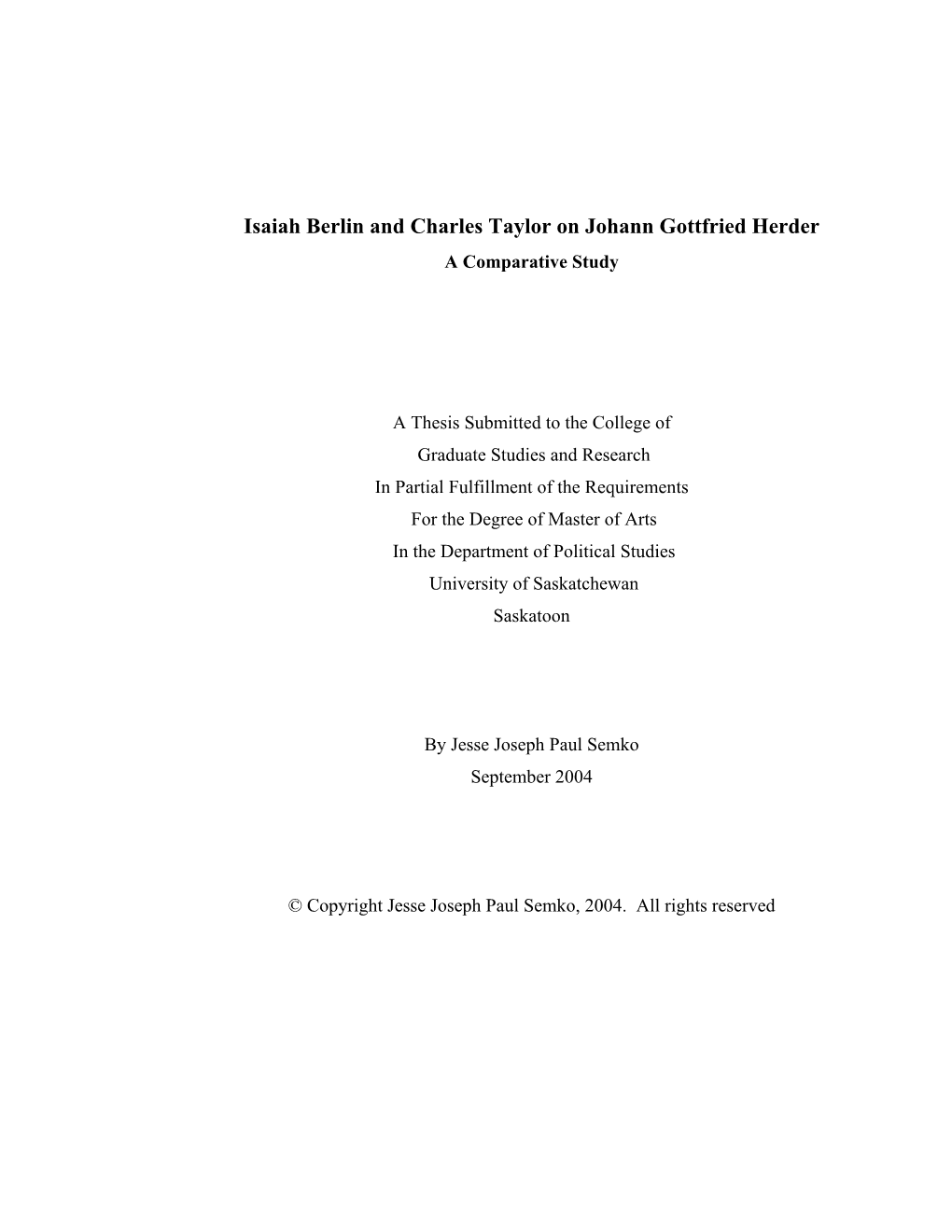 Isaiah Berlin and Charles Taylor on Johann Gottfried Herder a Comparative Study