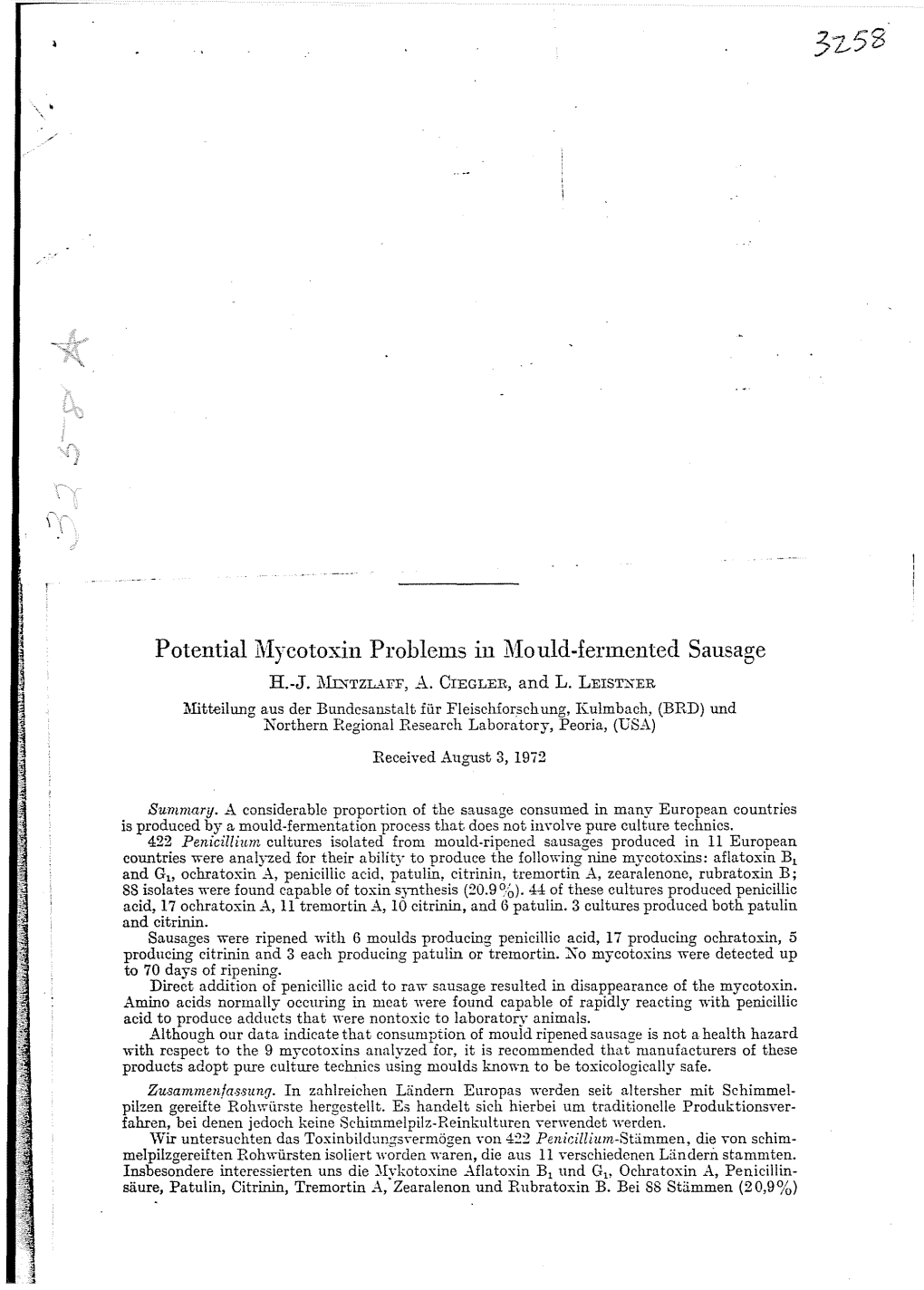 Potential Mycotoxin Problems in Mould-Fermented Sausage H..J