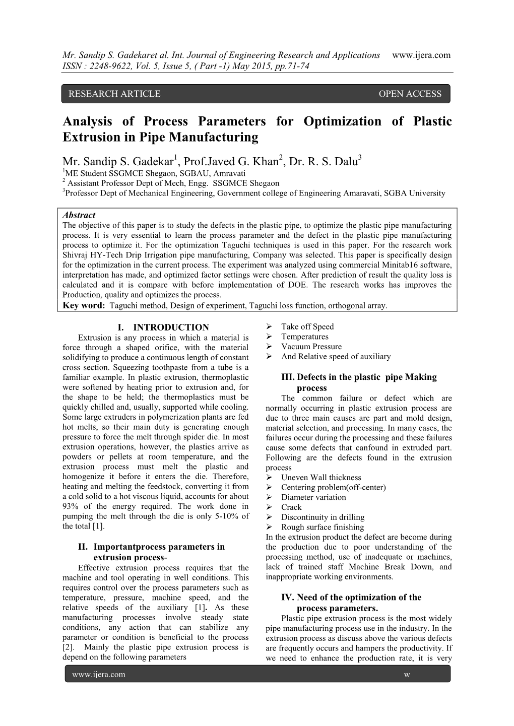 Analysis of Process Parameters for Optimization of Plastic Extrusion in Pipe Manufacturing