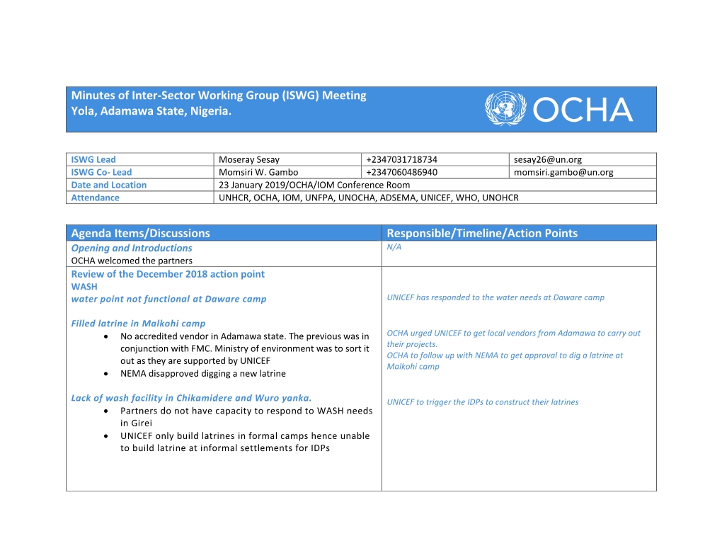 (ISWG) Meeting Yola, Adamawa State, Nigeria. Agenda Items/Discussions Responsible/Time