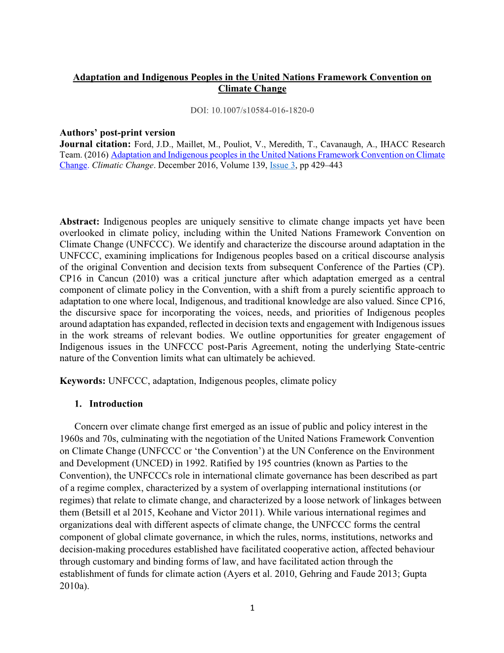 Adaptation and Indigenous Peoples in the United Nations Framework Convention on Climate Change Authors' Post-Print Version Ab