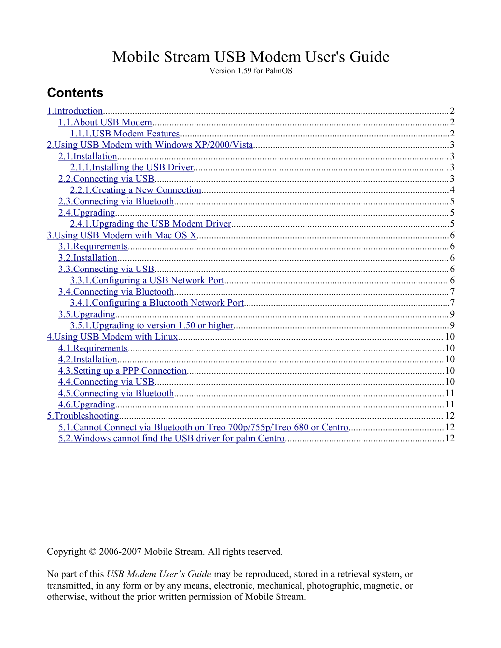 USB Modem User's Guide Version 1.59 for Palmos Contents 1.Introduction