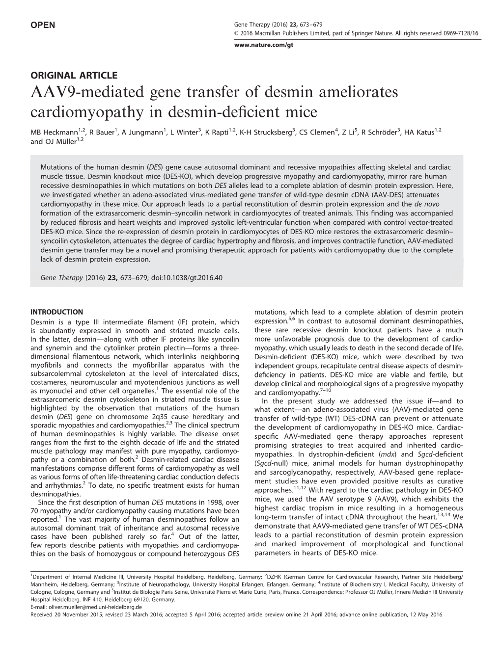 AAV9-Mediated Gene Transfer of Desmin Ameliorates Cardiomyopathy in Desmin-Deﬁcient Mice