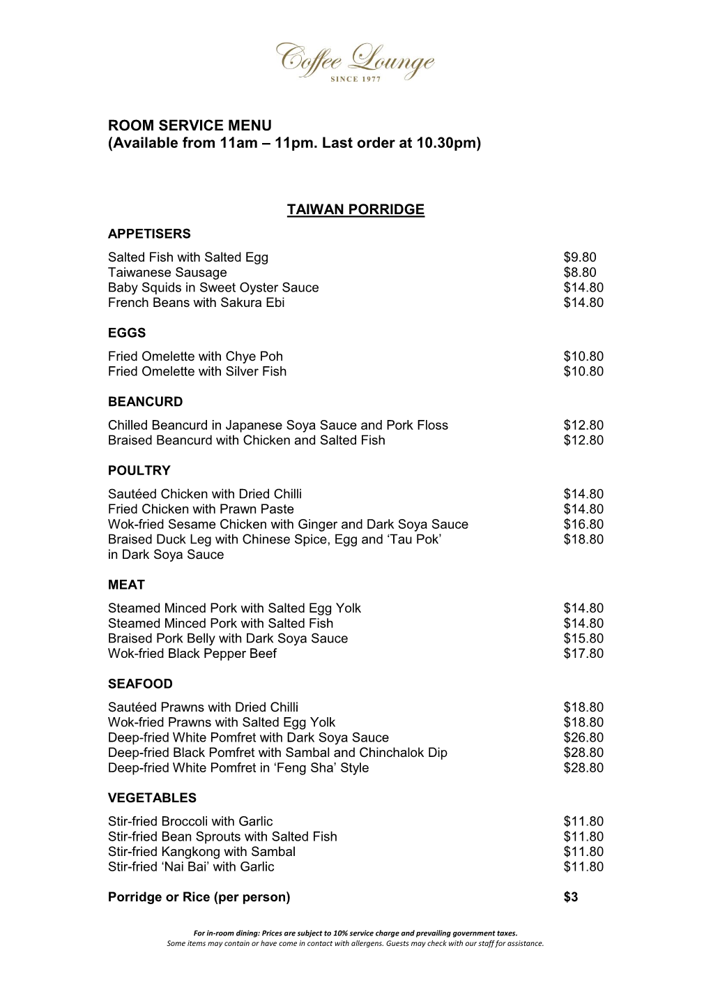 ROOM SERVICE MENU (Available from 11Am – 11Pm