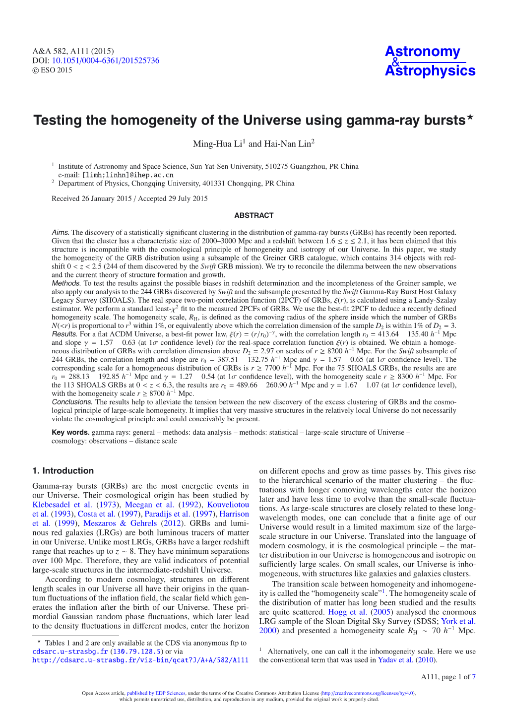 Testing the Homogeneity of the Universe Using Gamma-Ray Bursts⋆