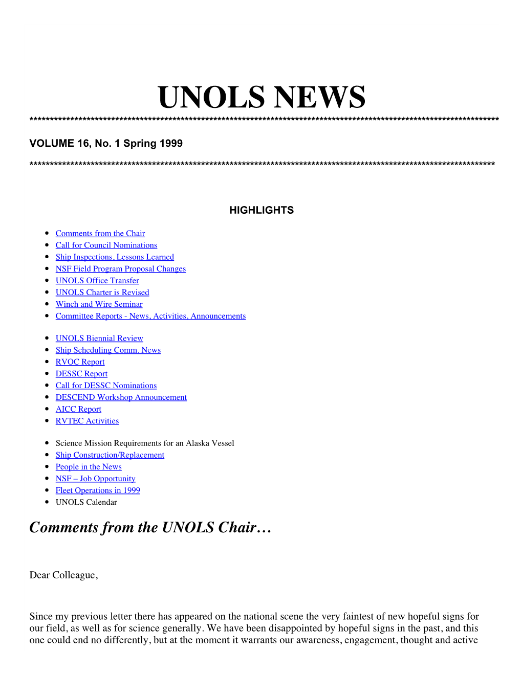 UNOLS Newsletter Vol 16 No 1 (Spring 1999)