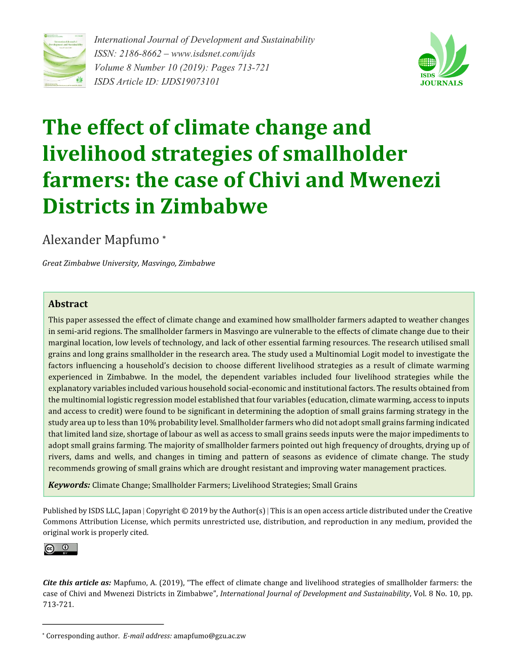 The Effect of Climate Change and Livelihood Strategies of Smallholder Farmers: the Case of Chivi and Mwenezi Districts in Zimbabwe