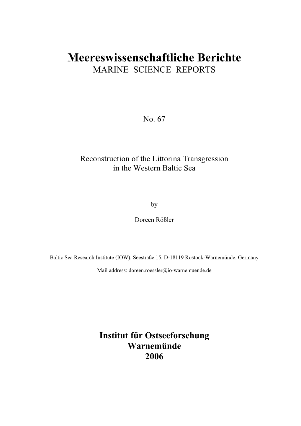 Reconstruction of the Littorina Transgression in the Western Baltic Sea