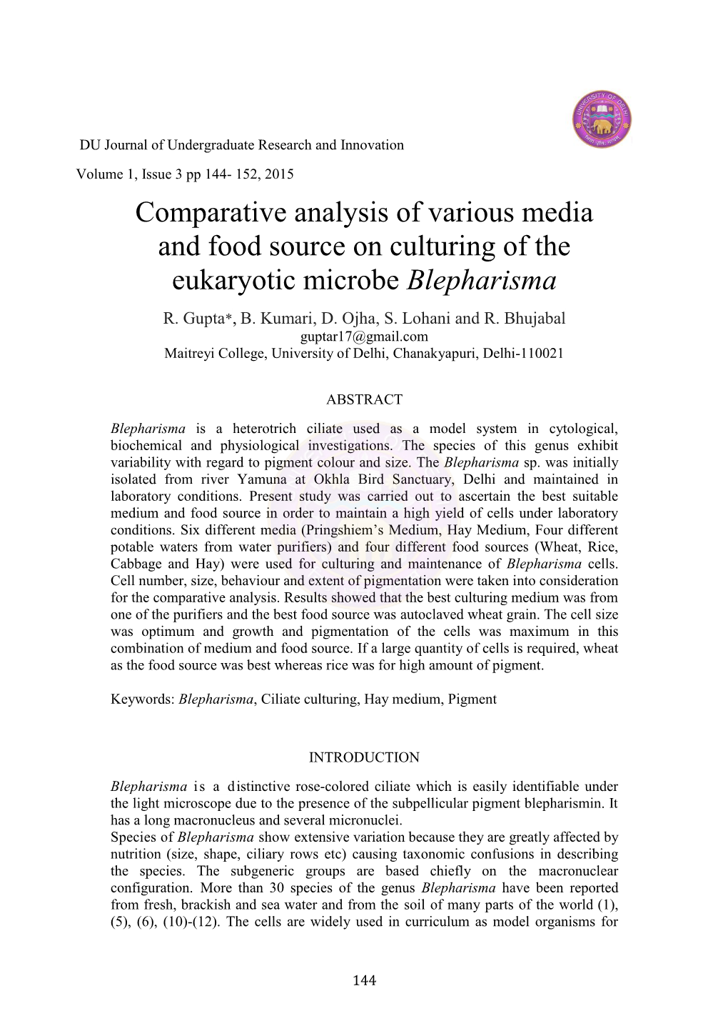 Comparative Analysis of Various Media and Food Source on Culturing of the Eukaryotic Microbe Blepharisma