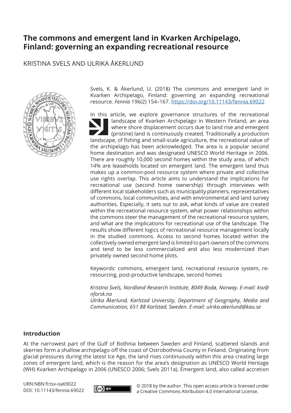 The Commons and Emergent Land in Kvarken Archipelago, Finland: Governing an Expanding Recreational Resource