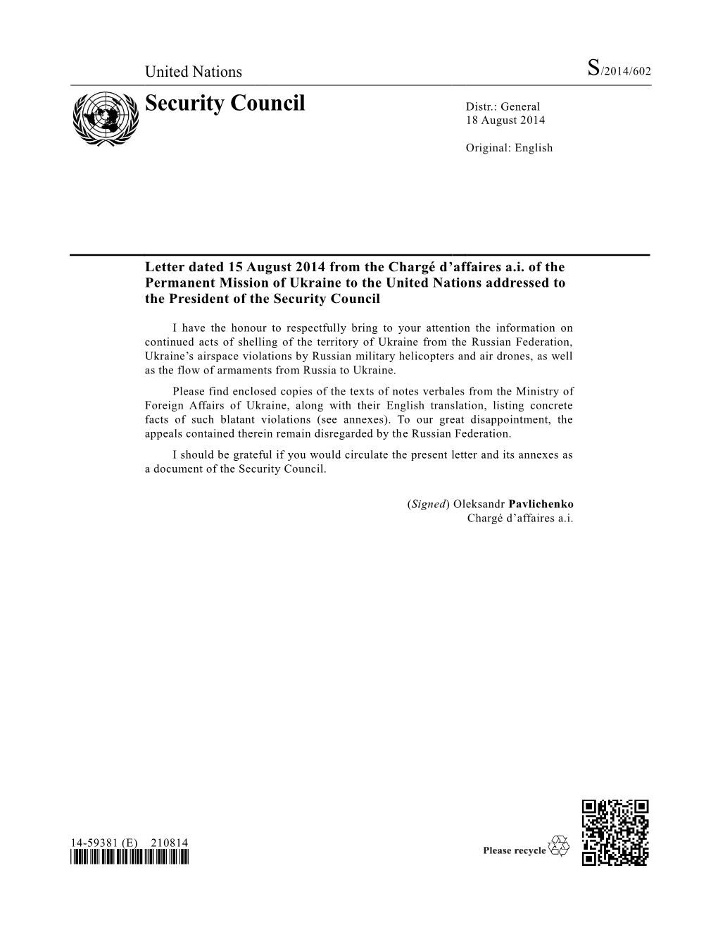 Security Council Distr.: General 18 August 2014