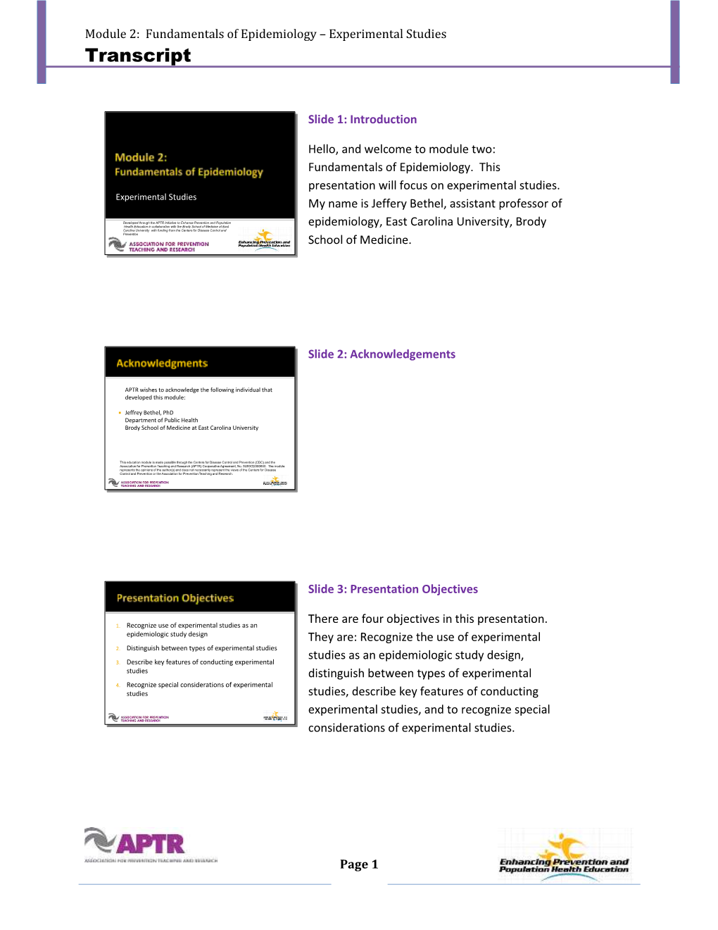 Module 2: Fundamentals of Epidemiology – Experimental Studies Transcript