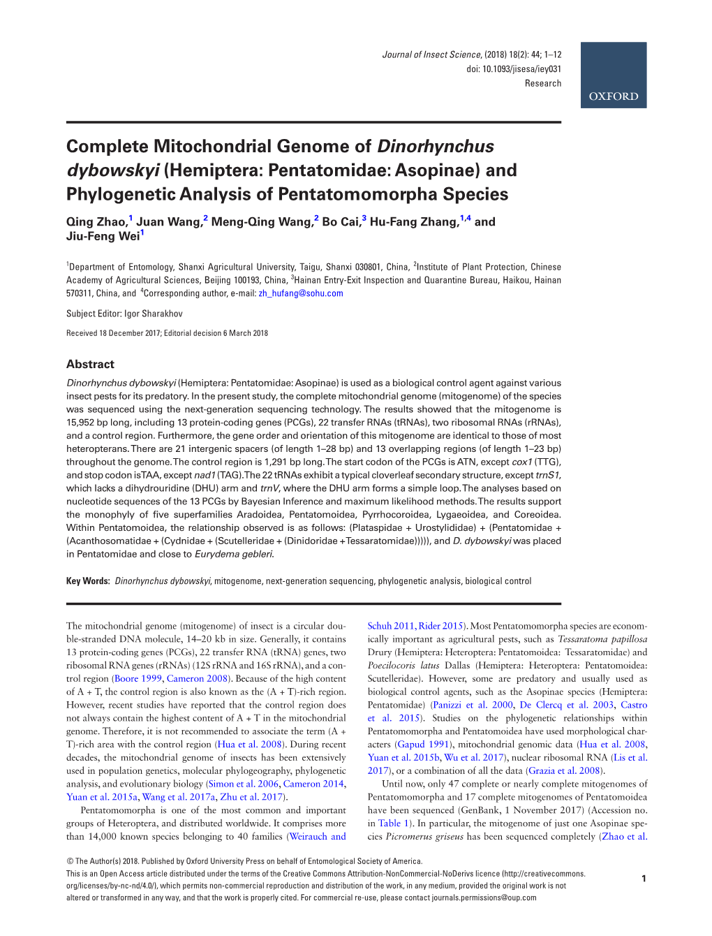 Complete Mitochondrial Genome of Dinorhynchus Dybowskyi (Hemiptera: Pentatomidae: Asopinae) and Phylogenetic Analysis of Pentatomomorpha Species