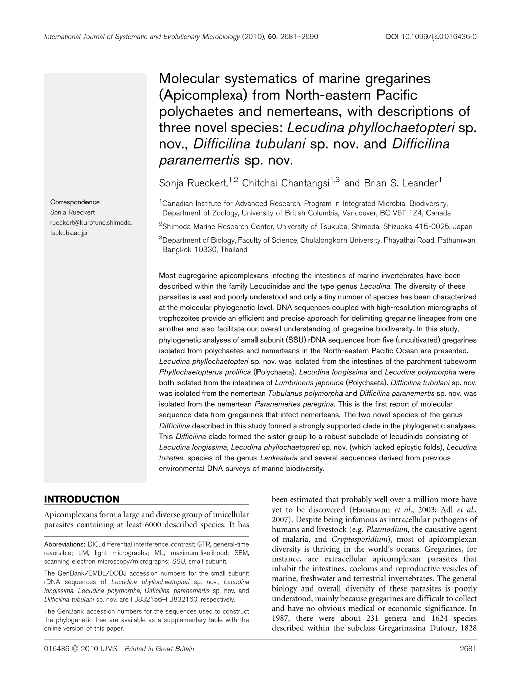 Molecular Systematics of Marine Gregarines (Apicomplexa)