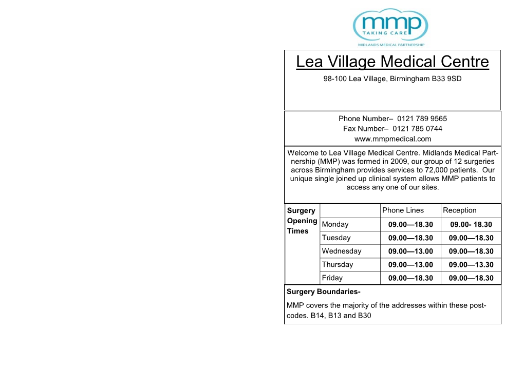 Lea Village Medical Centre 98-100 Lea Village, Birmingham B33 9SD