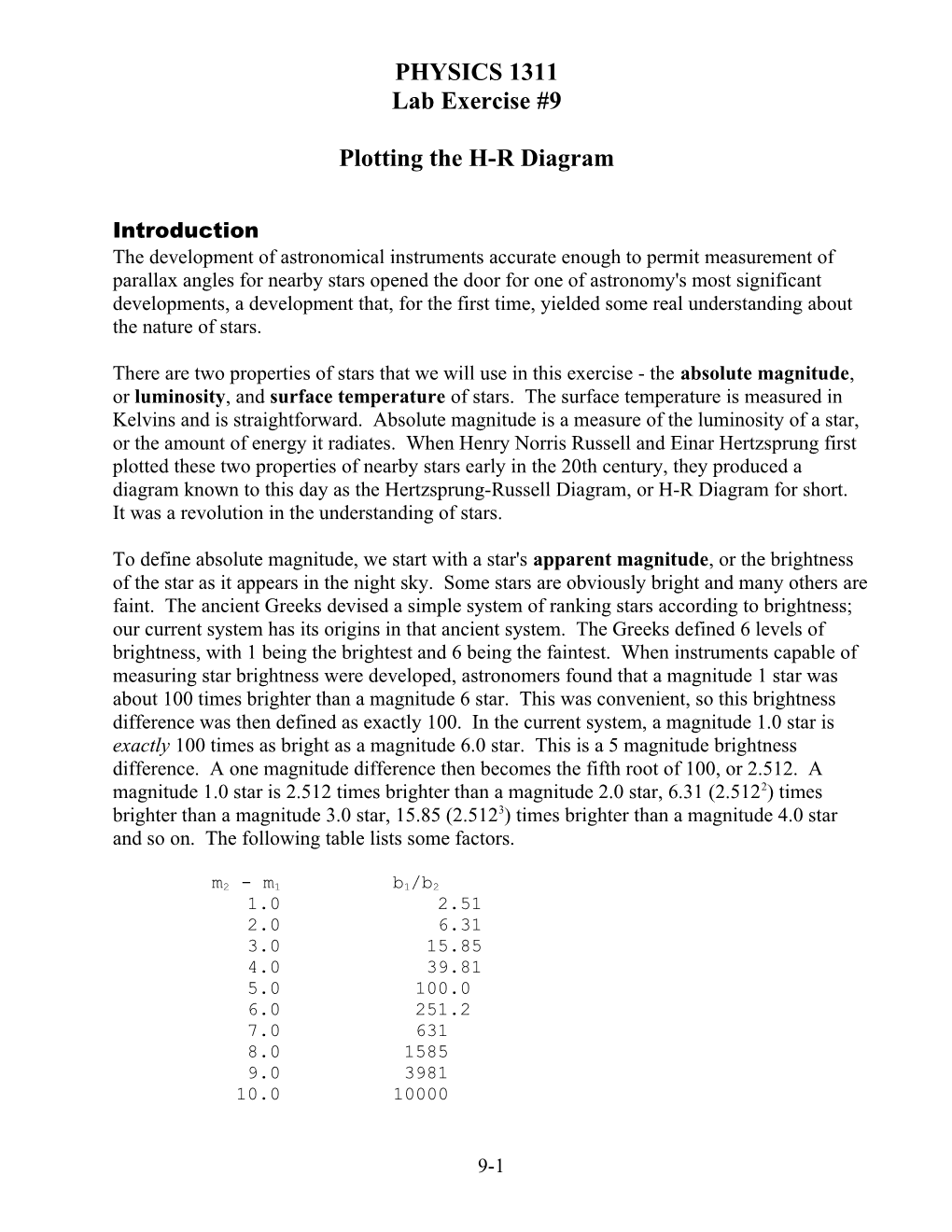 PHYSICS 1311 Lab Exercise #9 Plotting the H-R Diagram