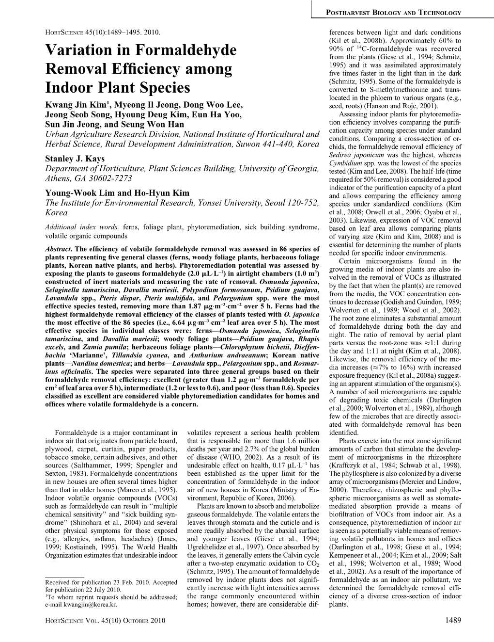 Variation in Formaldehyde Removal Efficiency Among Indoor Plant