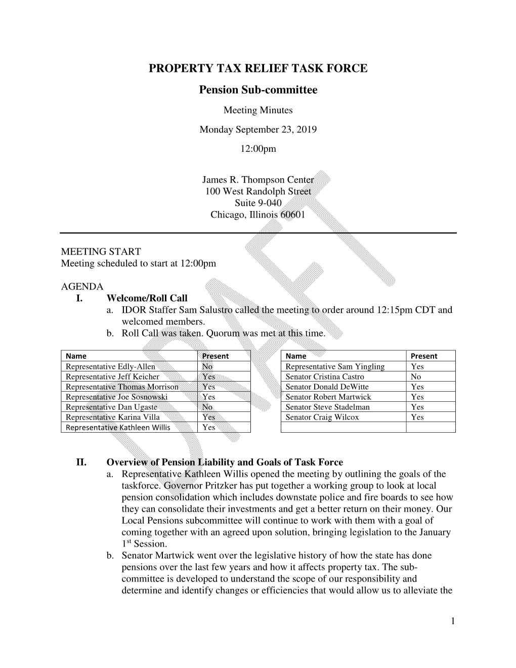 PROPERTY TAX RELIEF TASK FORCE Pension Sub-Committee Meeting Minutes Monday September 23, 2019 12:00Pm