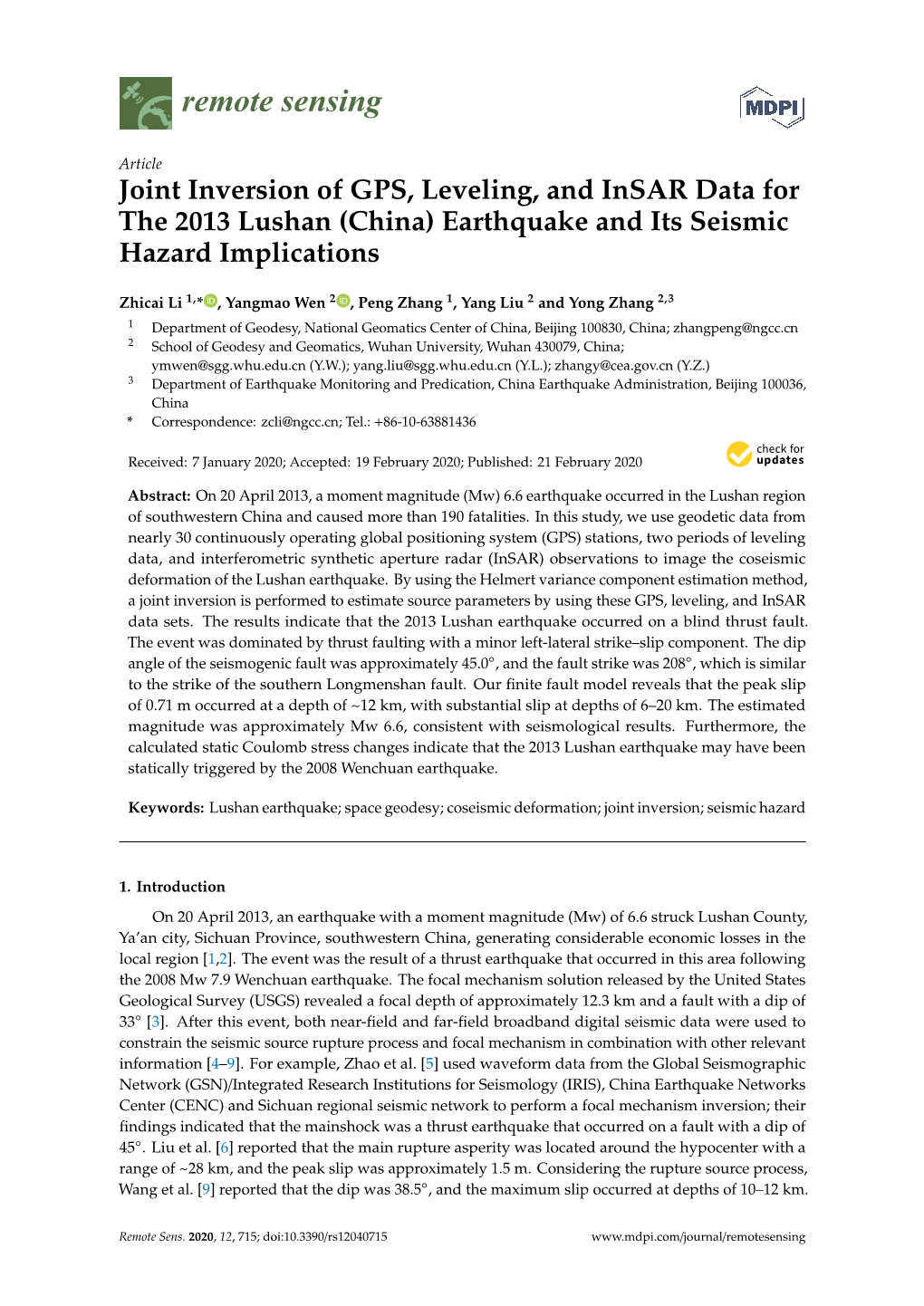 Joint Inversion of GPS, Leveling, and Insar Data for the 2013 Lushan (China) Earthquake and Its Seismic Hazard Implications
