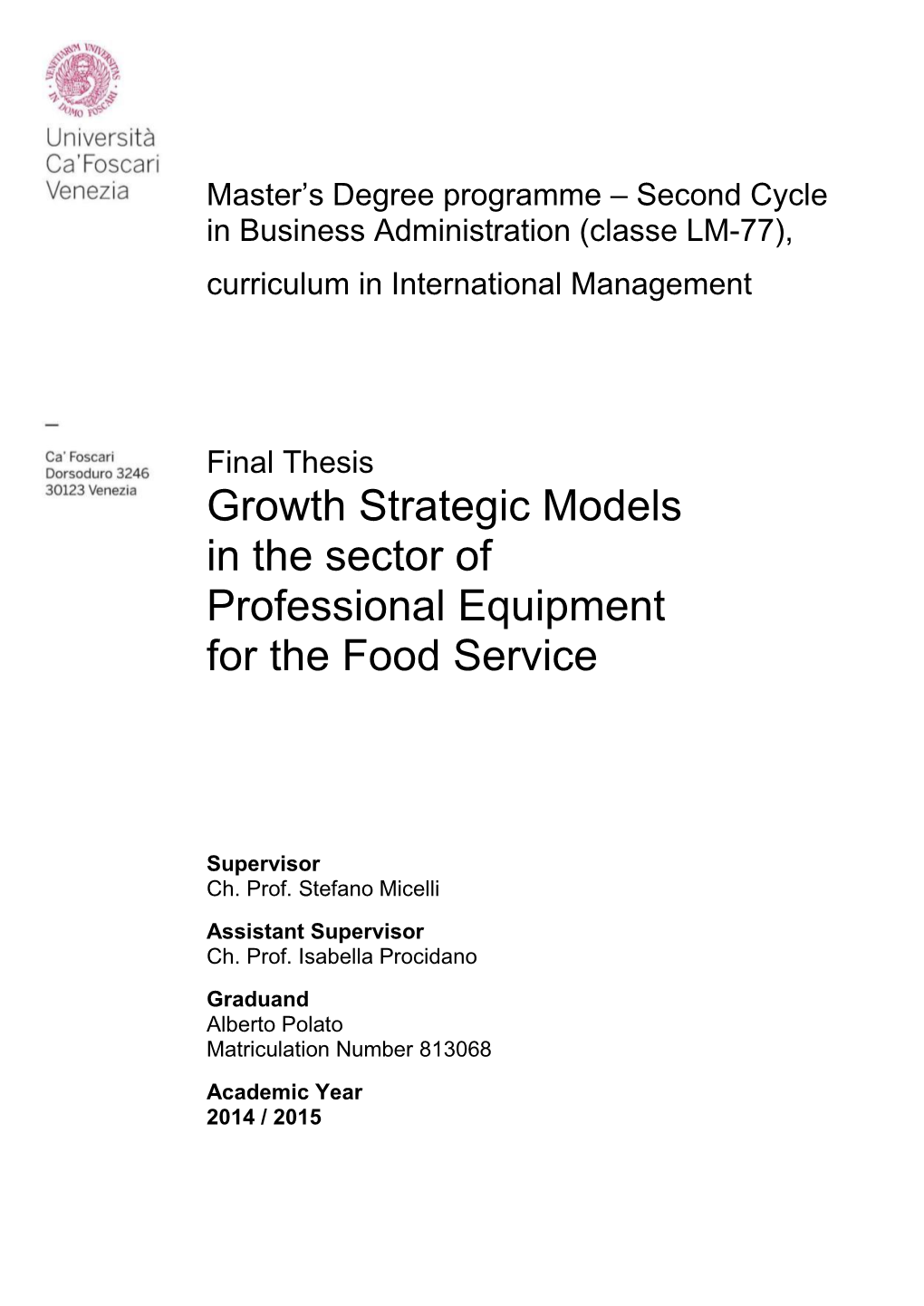 Growth Strategic Models in the Sector of Professional Equipment for the Food Service