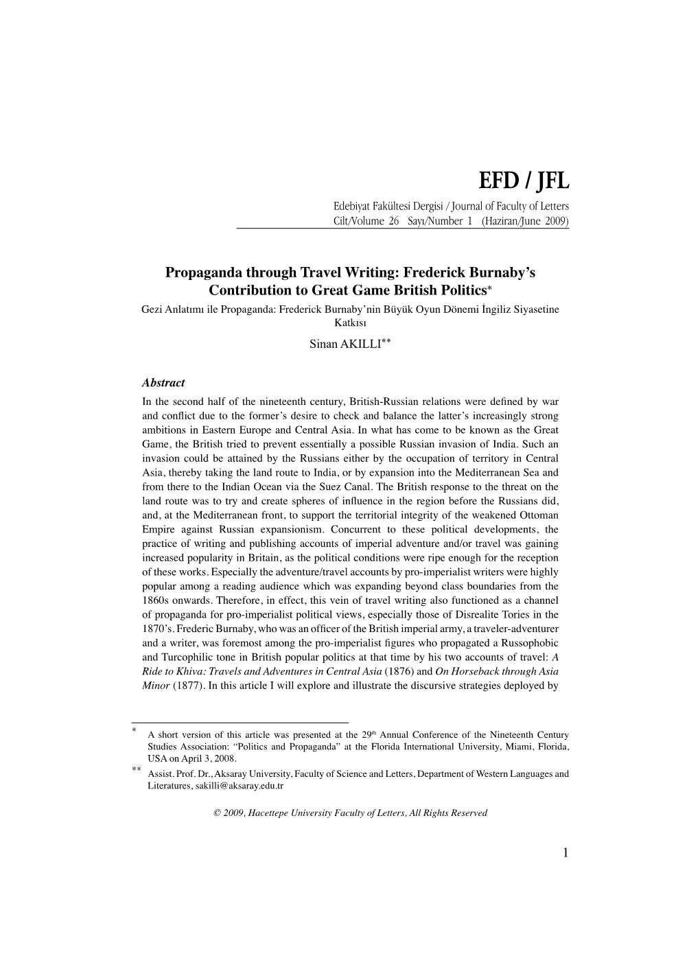 EFD / JFL Edebiyat Fakültesi Dergisi / Journal of Faculty of Letters Cilt/Volume 26 Sayı/Number 1 (Haziran/June 2009)