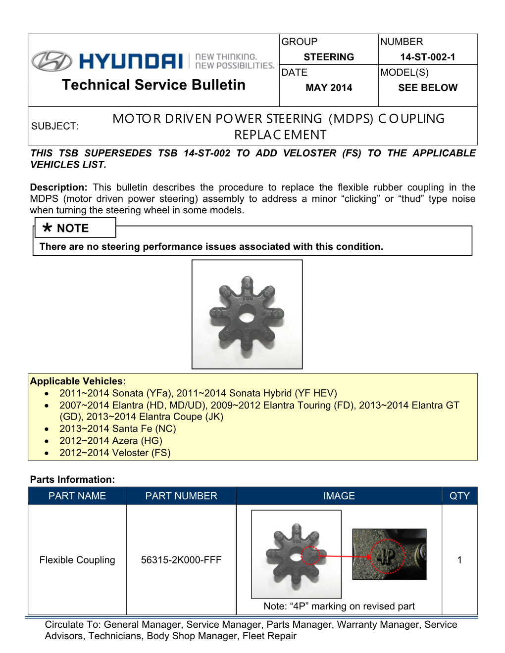 Hyundai TSB 14-ST-002-1: Steering Knock/Click