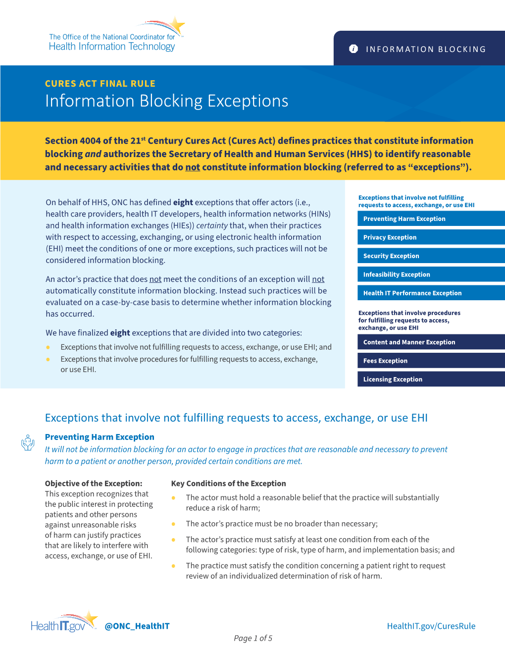 Cures Act Final Rule: Information Blocking Exceptions (Healthit.Gov)