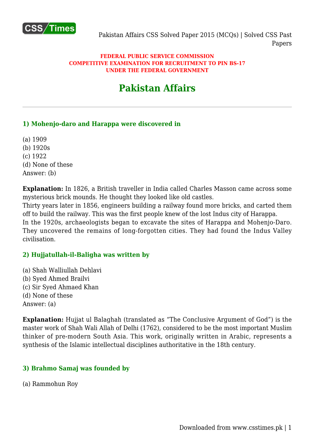 Pakistan Affairs CSS Solved Paper 2015 (Mcqs) | Solved CSS Past Papers