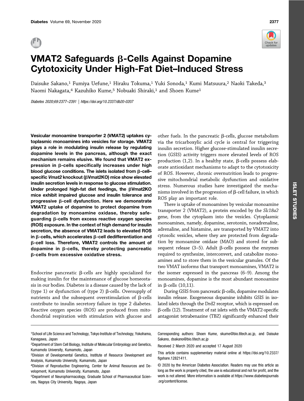 VMAT2 Safeguards Β-Cells Against Dopamine Cytotoxicity Under High